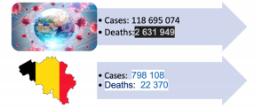 Number of cases and deaths, worldwide and Belgium, as of 12 March 2021 